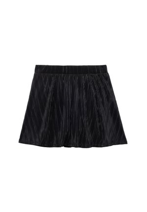 Sort plisseret mini nederdel med elastisk talje, lavet af blødt, tekstureret stof med lodrette linjer og en flagrende facon.