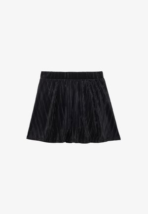 Schwarzer, plissierter Minirock mit elastischem Bund, hergestellt aus weichem, strukturiertem Stoff mit vertikalen Linien und einer ausgestellten Form.