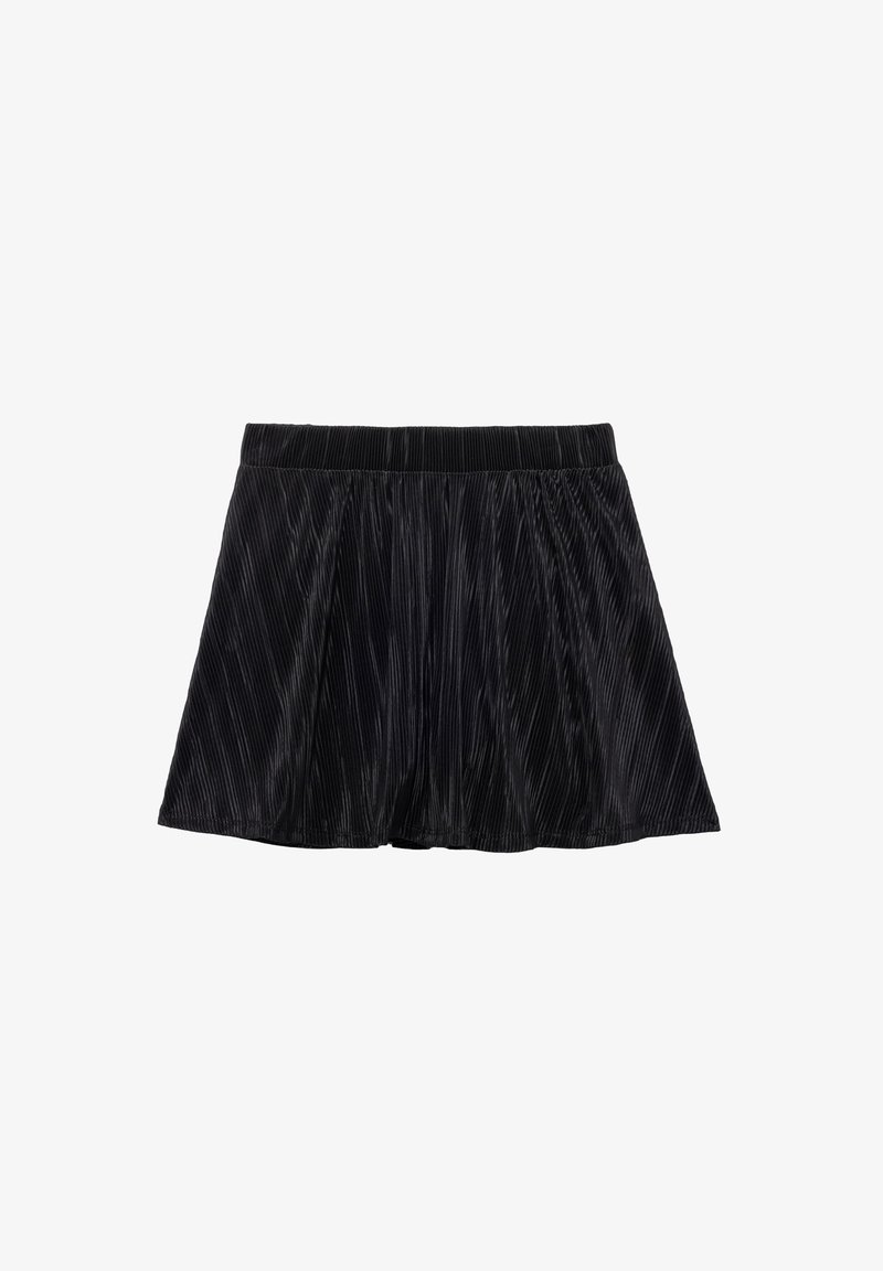 Gonna mini plissettata nera con cintura elasticizzata, realizzata in un morbido tessuto testurizzato con righe verticali e una forma svasata.