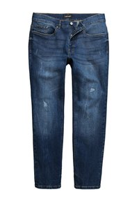 Jeans de mezclilla azul oscuro con corte recto, que presentan un ligero desgaste, cinco bolsillos y cierre de botón. El material tiene una leve textura.