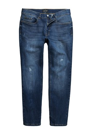 Dunkelblaue Denim-Jeans mit geradem Schnitt, die leichte Used-Optik, fünf Taschen und einen Knopfverschluss aufweisen. Das Material hat eine leichte Textur.