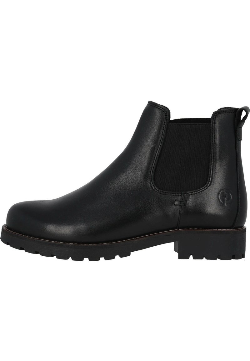 Svarta läder Chelsea-boots med elastiska sidopaneler, rund tå och strukturerad gummisula. Har en liten logotyp på yttersidan.