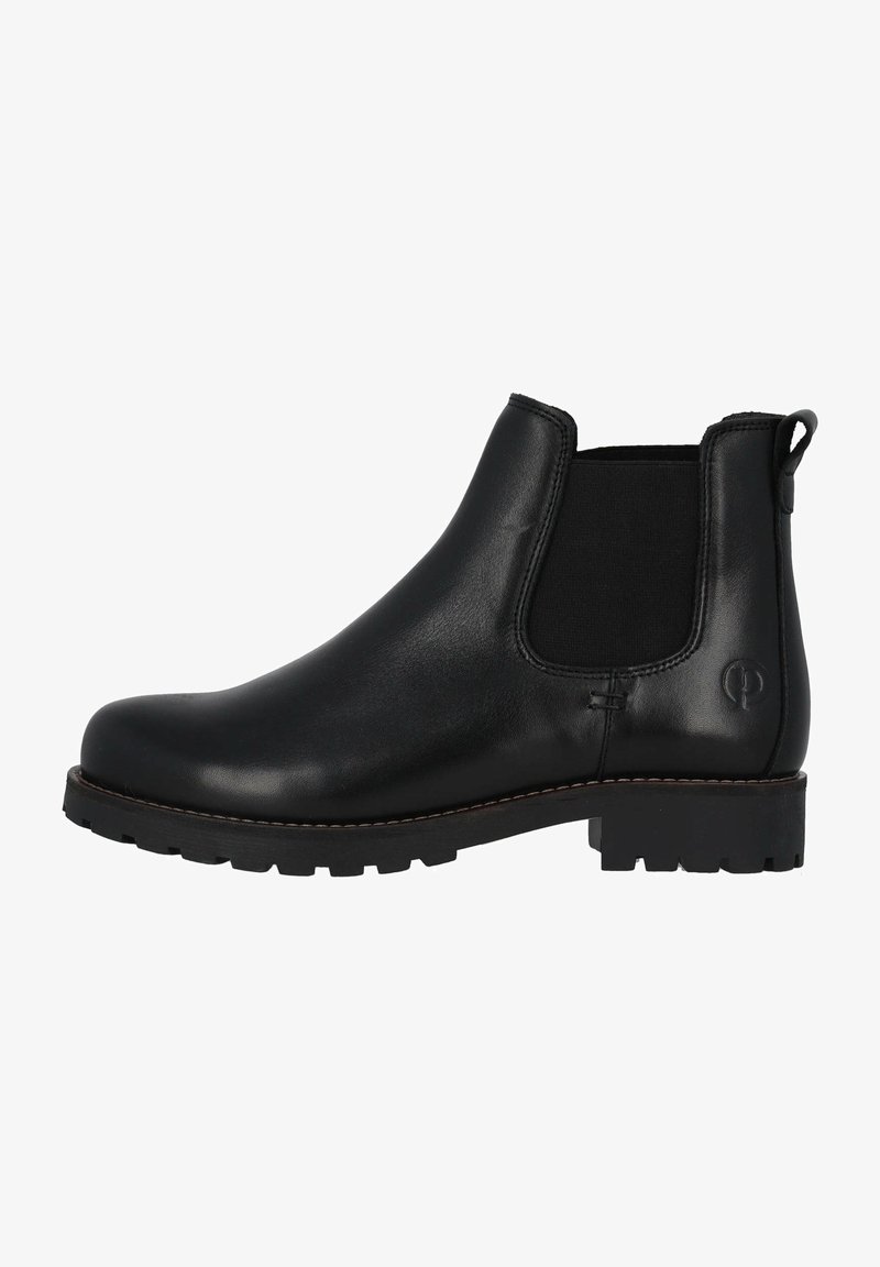 Svarta läder Chelsea-boots med elastiska sidopaneler, rund tå och strukturerad gummisula. Har en liten logotyp på yttersidan.