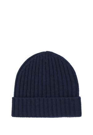 Navy ribbed knitted beanie with a folded cuff, made of soft wool blend. Textured finish with even stitching throughout.