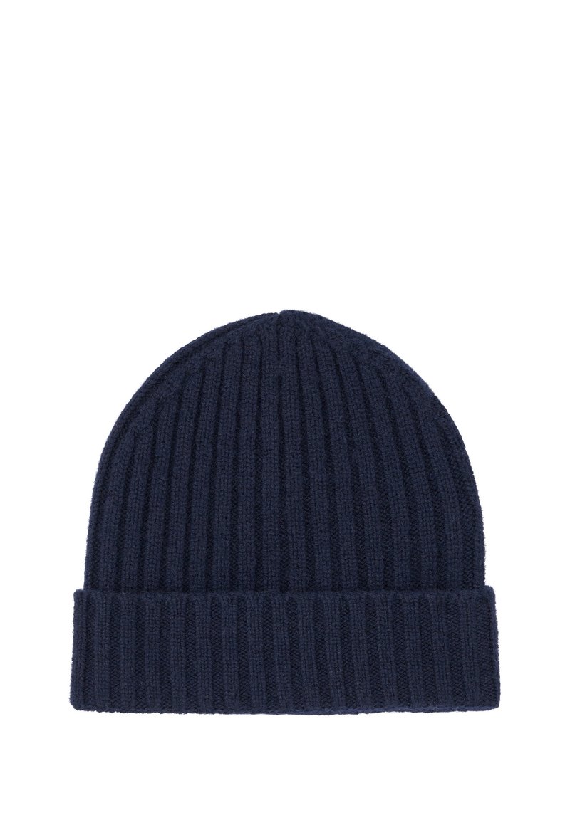 Mornarsko modra rebrasta pletena kapa z zavihanjem, izdelana iz mešanice mehkega volne. Teksturirana površina z enakim šivom po celotni kapici.