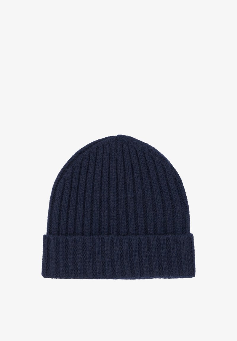 Mornarsko modra rebrasta pletena kapa z zavihanjem, izdelana iz mešanice mehkega volne. Teksturirana površina z enakim šivom po celotni kapici.