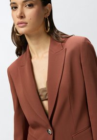 Blazer boje hrđe s oštrim reverima i jednim dugmetom. Glatka tkanina s krojenim fitom i suptilnim sjajem. Velike kružne naušnice.