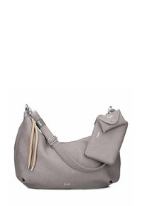 Borsa tote in pelle grigia con forma curvata, tracolla regolabile e dettagli decorativi in corda. Include una piccola pochette abbinata attaccata.