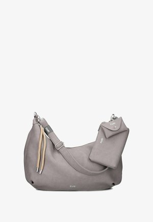 Graue Leder-Tragetasche mit geschwungener Form, verstellbarem Tragegurt und dekorativen Seilakzenten. Enthält eine passende kleine Tasche, die befestigt ist.