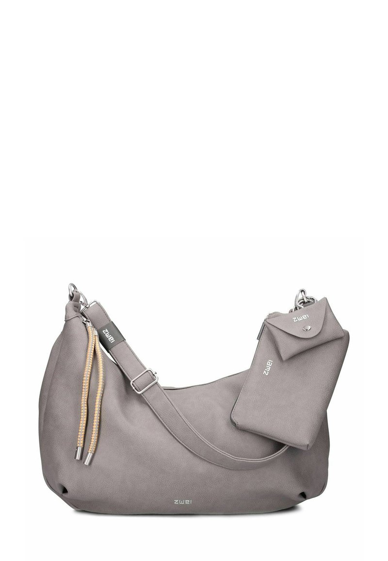 Borsa tote in pelle grigia con forma curvata, tracolla regolabile e dettagli decorativi in corda. Include una piccola pochette abbinata attaccata.