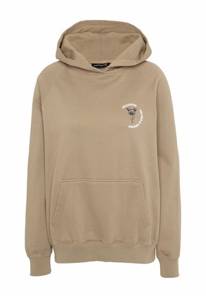 Beige színű kapucnis pulóver, elülső zsebbel és egy kisméretű grafikai nyomattal. Puha anyagból készült, bordázott mandzsettákkal és szegéllyel.