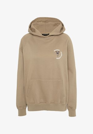 Beige színű kapucnis pulóver, elülső zsebbel és egy kisméretű grafikai nyomattal. Puha anyagból készült, bordázott mandzsettákkal és szegéllyel.