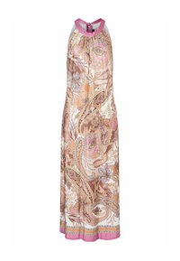 Lange jurk met halternek en roze bies, met een beige, bruine en roze paisley- en bloemmotief.