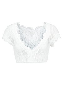 Top court en dentelle blanche à manches courtes, présentant un décolleté en V profond et des motifs floraux, affichant une texture transparente et des bords légèrement festonnés.
