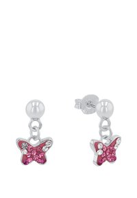 Pendientes de mariposa de plata con cristales rosa y claros, con un diseño colgante y un acento de perla redonda en la parte superior.