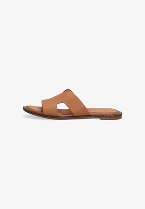 Tan leather slide sandal featuring two wide straps with cutout detailing, a flat sole, and smooth texture. Simple and functional design.