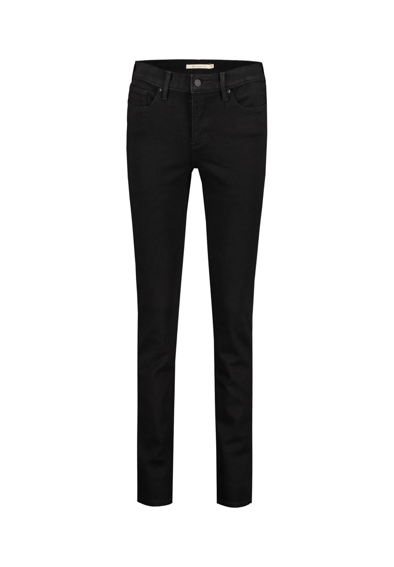 Jean noir slim avec bouton à l'avant et poches, présenté sur fond blanc.