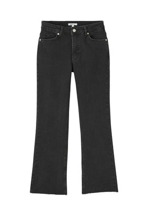 Jean noir évasé en denim, avec une taille mi-haute, cinq poches et des détails d'ourlet effiloché. Texture lisse avec un léger stretch.