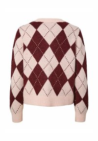 Burgundijas un gaiši rozā argyle raksta adīts džemperis ar ribotu apakšmalu un piedurknēm, ar apaļu kakla izgriezumu un teksturētu apdari.