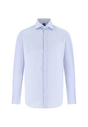 Lichtblauw overhemd voor heren met lange mouwen, klassieke kraag en witte knopen aan de voorkant.