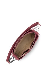 Borsa a mano in pelle bordeaux con texture liscia, chiusura con cerniera e una singola maniglia corta, con interno in tessuto beige e tasche.