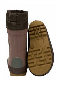 Botte en caoutchouc marron avec un dessus rembourré, une semelle texturée et un accent gris à l'arrière. La semelle présente un motif en zigzag pour l'adhérence.