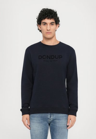 Navy blue sweatshirt with crew neckline, featuring "DON DUP" logo in black, made from soft cotton material. Casual fit with long sleeves.