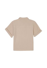 Korte mouwen shirt in lichtbeige, gemaakt van textiel met structuur. Heeft een opgevouwen kraag en een enkele naaddetail aan de achterkant.