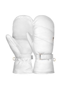Weiße Lederhandschuhe mit einem gesteppten Design, elastischen Bündchen und goldenen Hardware-Akzenten. Glatte Textur mit abgerundeten Spitzen für Wärme.
