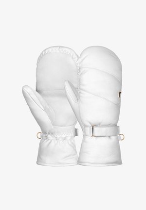 Muffole in pelle bianca con design trapuntato, polsini elasticizzati e dettagli in metallo dorato. Texture liscia con punte arrotondate per maggiore calore.