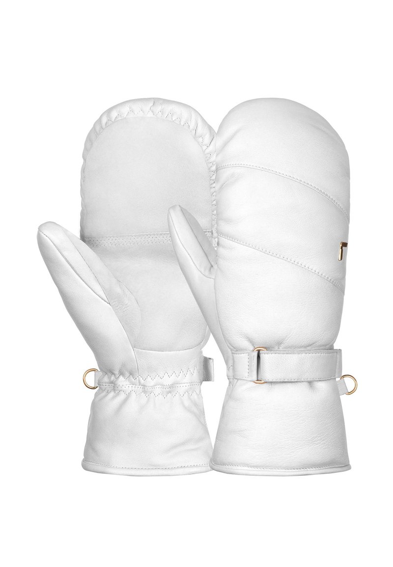Weiße Lederhandschuhe mit einem gesteppten Design, elastischen Bündchen und goldenen Hardware-Akzenten. Glatte Textur mit abgerundeten Spitzen für Wärme.