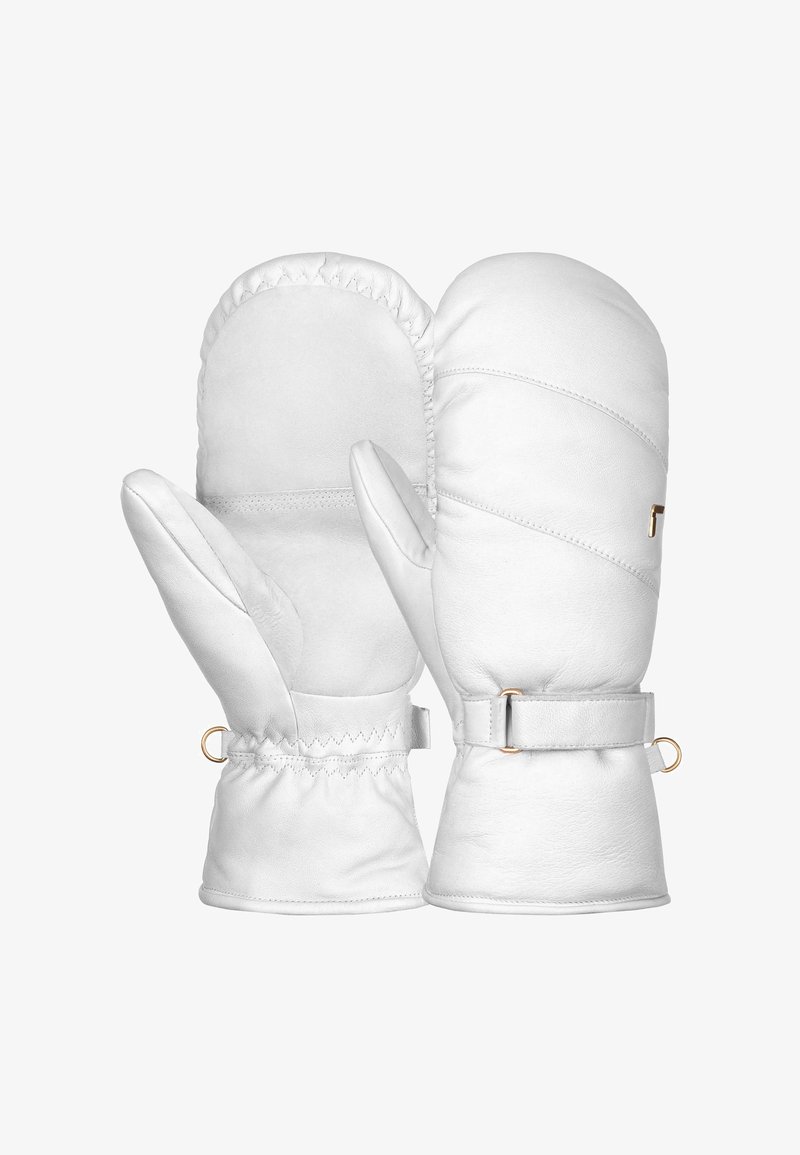 Weiße Lederhandschuhe mit einem gesteppten Design, elastischen Bündchen und goldenen Hardware-Akzenten. Glatte Textur mit abgerundeten Spitzen für Wärme.