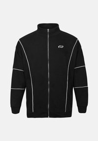 Black zip-up jacket with a high collar, white accent lines, and a small logo on the chest. Made of soft, textured fabric.