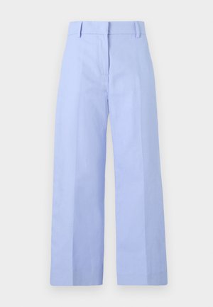Light blue wide-leg trousers made of fabric with a smooth texture, featuring a front zipper, flat front, and deep creases.