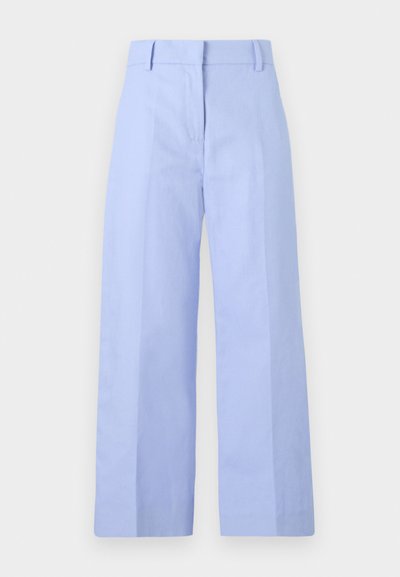 Light blue wide-leg trousers made of fabric with a smooth texture, featuring a front zipper, flat front, and deep creases.