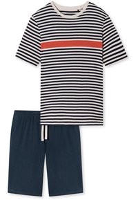 Striped pajama set with a navy and cream shirt featuring a red center stripe and contrasting dark shorts, made from soft fabric with a relaxed fit.