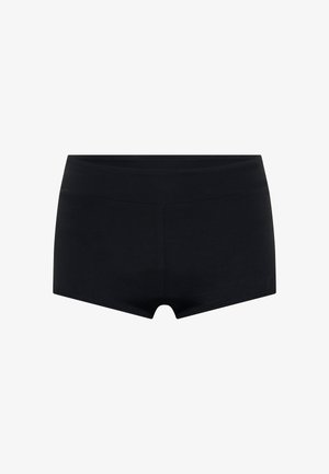 Schwarze Sportshorts aus glattem, dehnbarem Material. Sie verfügen über einen breiten, bequemen Bund und ein eng anliegendes Design, das bis zur Mitte des Oberschenkels reicht.