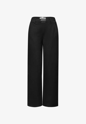 Pantalon large noir taille haute avec une ceinture et une boucle rectangulaire argentée, présenté sur un fond blanc.