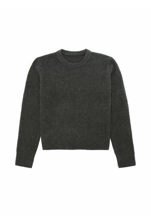 Ciemnoszary sweter z dzianiny z klasycznym okrągłym dekoltem, długimi rękawami i luźnym krojem z prążkowanymi mankietami i dołem.