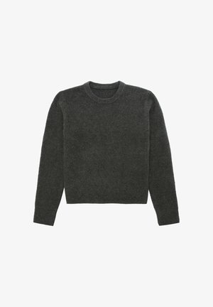 Dark gray knitted sweater featuring a classic crew neckline, long sleeves, and a relaxed fit with ribbed cuffs and hem.