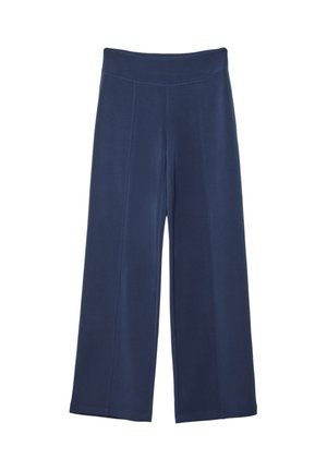 Marineblaue weite Hosen aus weichem Stoff, mit einem hohen Bund, genähten Vordernähten und einer glatten Textur.