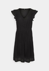 Rochie neagră cu decolteu în V, mâneci voluminoase și un design în straturi. Confecționată dintr-un material texturat cu modele complicate și talie ajustată.