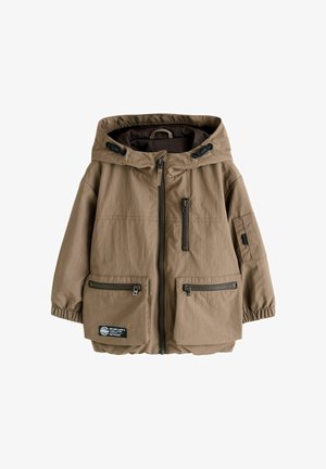 Rjava kapucna jakna iz lahkega materiala, z zadrgo po celotni sprednji strani, dvema žepoma z zadrgo in elastičnimi manšetami.