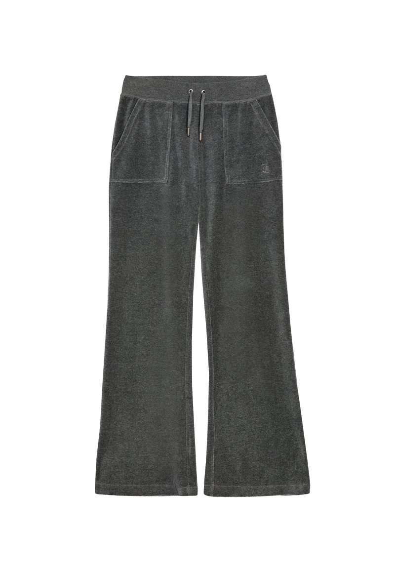 Grijze fleecebroek met een wijde pijp ontwerp, voorzien van een elastische tailleband, trekkoord en twee voorzakken. Zachte textuur zonder patronen.
