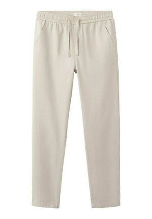 Pantalon décontracté beige avec taille élastique, cordon de serrage et poches latérales, conçu pour un confort quotidien.