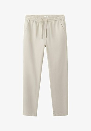 Pantaloni casual beige con vita elastica, coulisse e tasche laterali, progettati per un comfort quotidiano.