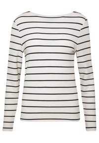 Långärmad topp i mjukt, lätt tyg med båthalsringning, prydd med svarta horisontella ränder på en krämfärgad bakgrund.