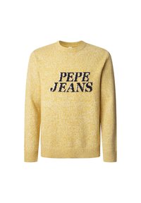 Geltonas megztinis su tekstūriniu raštu, apvalia iškirpte, ilgomis rankovėmis ir ryškiu tamsiai mėlynu "PEPE JEANS" logotipu priekyje.