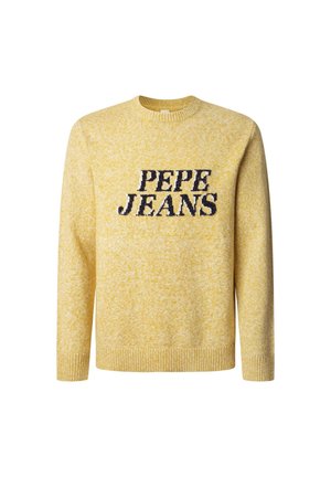 Rumena pletena jopica z teksturiranjem, okrogel izrez, dolgi rokavi in drzna temno modra oznaka "PEPE JEANS" na sprednji strani.