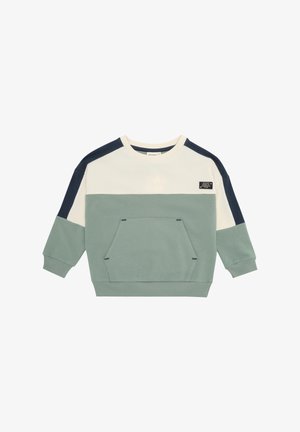 Mintgroene sweatshirt met crèmekleurig en marineblauw ontwerp, een zak aan de voorkant, geribbelde boorden en een ronde halslijn, gemaakt van zachte stof.